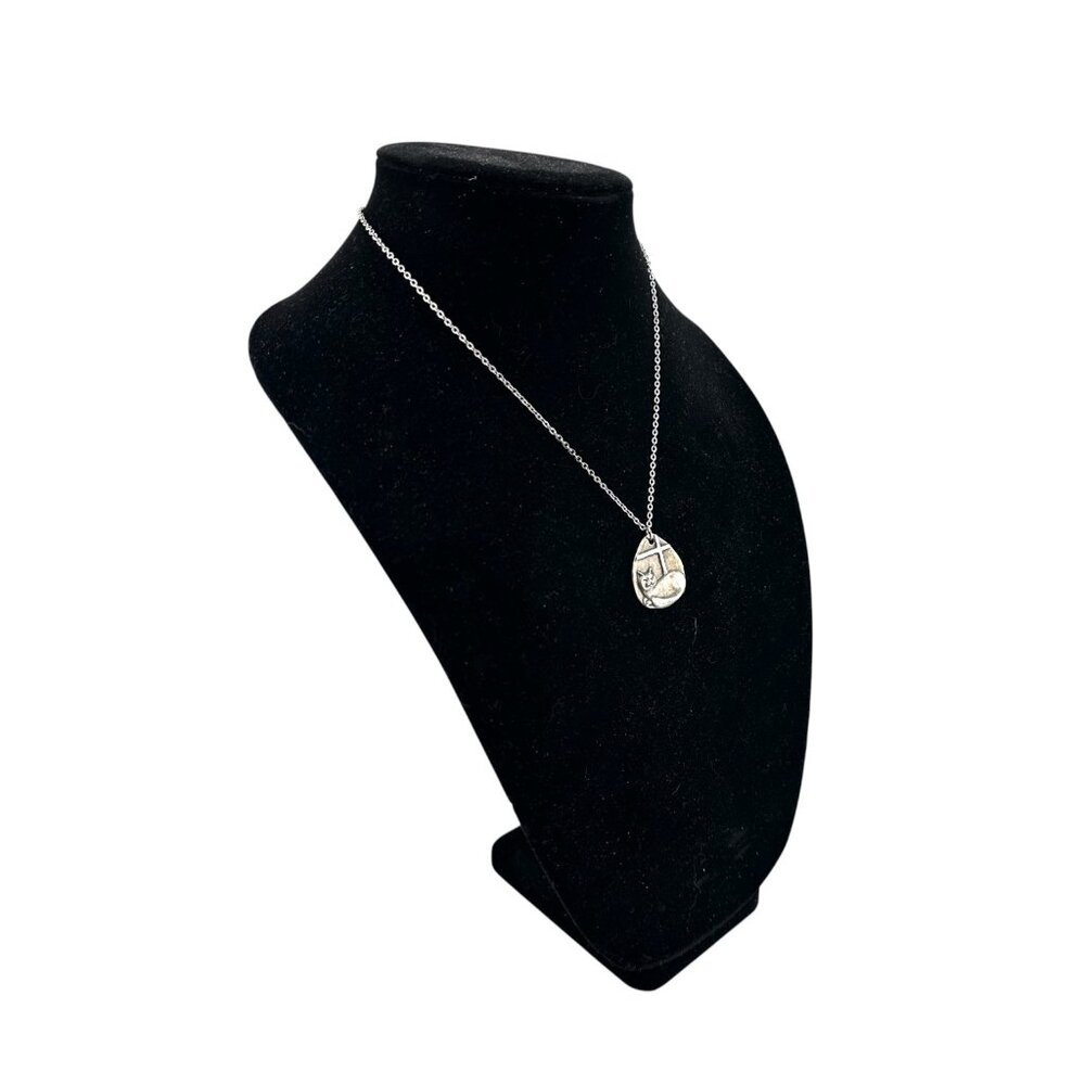 Pewter Cat in a Window Necklace Double Sided Pendant - Picture 6 of 7